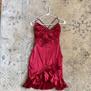 Romantic Nights Burgundy Satin Ruffled Bodycon Mini Dress